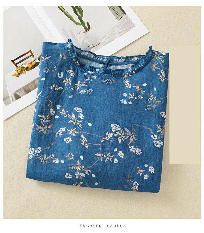 送料無料 プルオーバー レディース ブラウス チュニックブラウス シャツブラウス 花柄ブラウス トップス 5分袖 花柄 総柄 フリル襟 クルーネック 綿麻風 大きいサイズ 体型カバー ゆったり カジュアル 大人可愛い 森ガール キレイめ エスニック ナチュラル 春 夏 秋