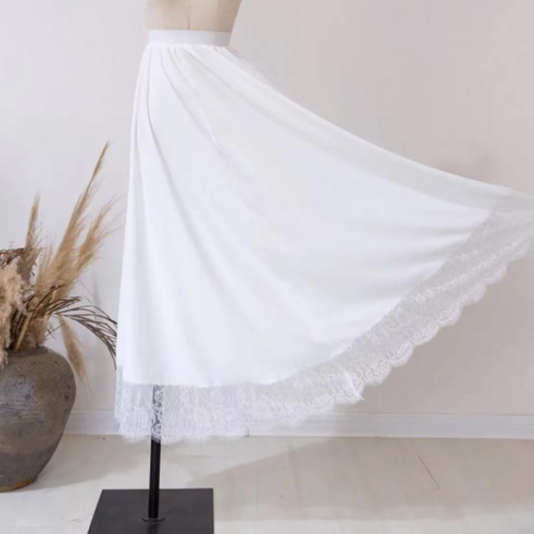 送料無料 ペチコートスカート 裾ふんわり 着丈70cm ロング 下着 スカート スカート ペチスカート 白 ミモレ レイヤード 裾レース インナー チュール ペチコート ホワイト レディース マキシ 重ね着 2