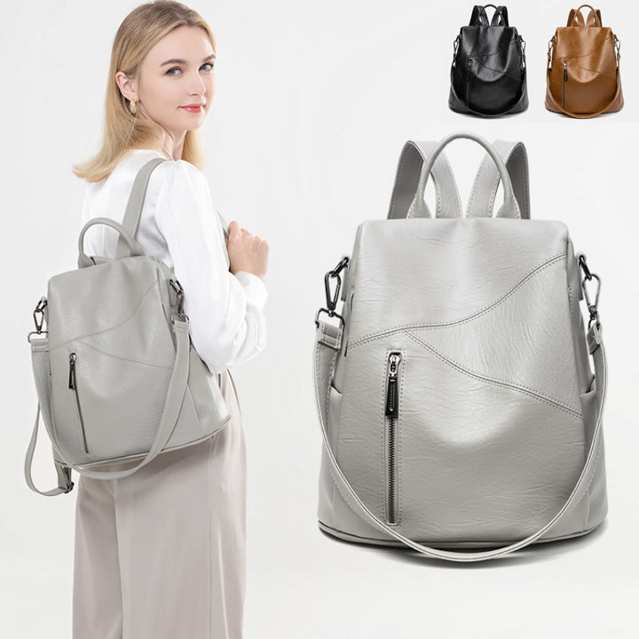 送料無料 リュック レディース おしゃれ 大容量 PUレザー ビジネス 軽量 可愛い 3WAY仕様 リュックサック PC収納可能 カジュアル アウトドア 中学生 高校生 大人 A4 軽量 人気 通学 通勤 旅行 バックパック グレー ブラウン ブラック グリーン(4)