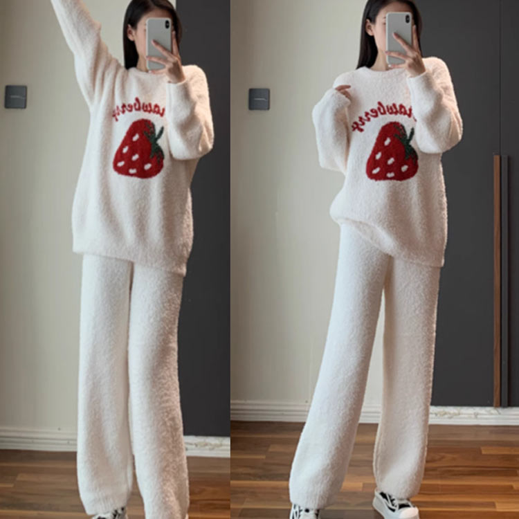 送料無料 ボアパジャマ 暖かい ルームウェア レディース ふわふわ もこもこ パジャマ 部屋着 春 秋 冬 長袖 上下セット イチゴ柄 かわいい ゆったり おしゃれ 寝間着 ナイトウェア 誕生日 プレゼント ギフト 3