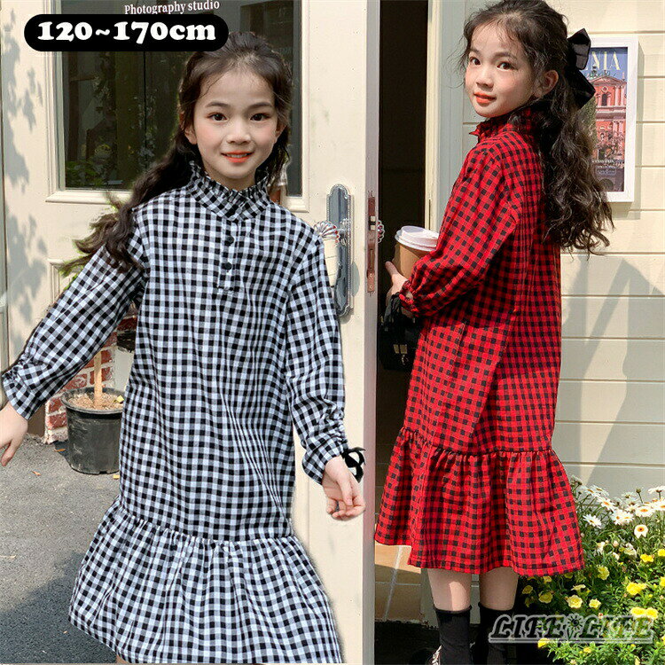 Dresses - 送料無料 ワンピース 女の子 長袖 シャツワンピース キッズ ワンピース ロング ワンピース チェック柄 可愛い エレガント 女の子 子供服 ロング スカート ガールズ ロングシャツ 女児 普段着 通園 通学 オシャレ ジュニア