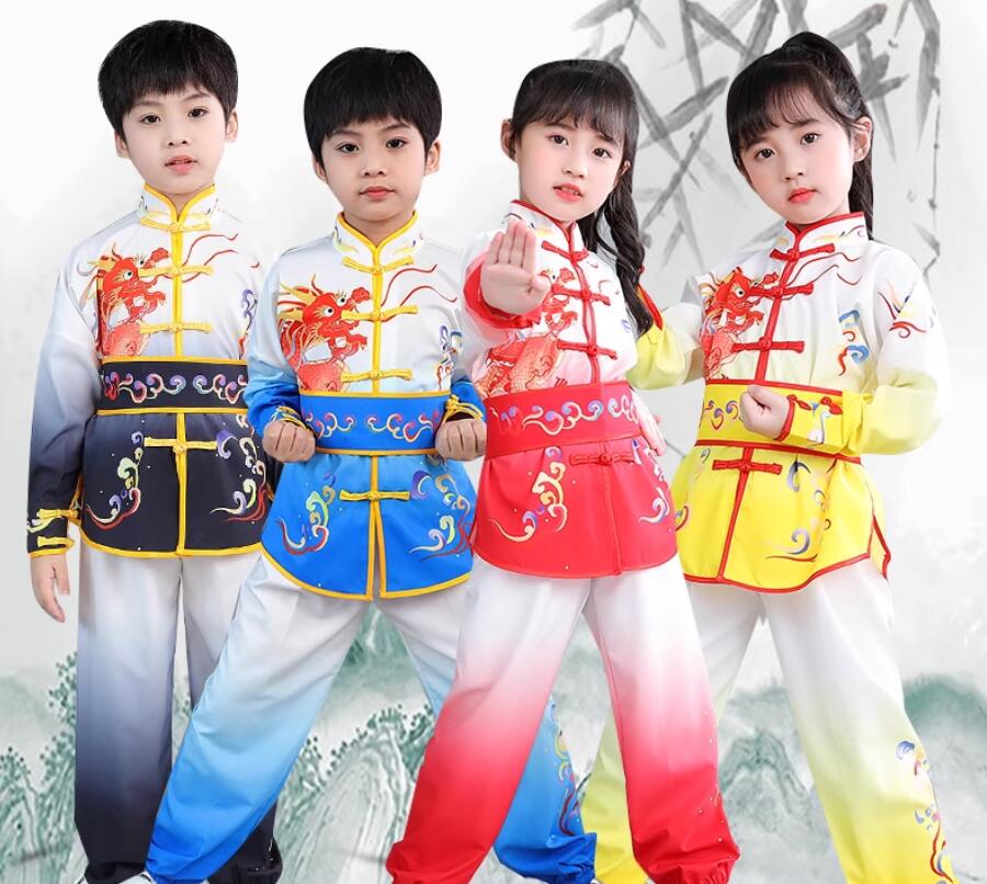 送料無料 子供ダンス衣装 男女兼用 子供武術服 カンフー衣装 龍プリント 長袖トップス ベルト付き ロングパンツ 武術 子供ダンス衣装 太極拳 ウエア 太極拳服...