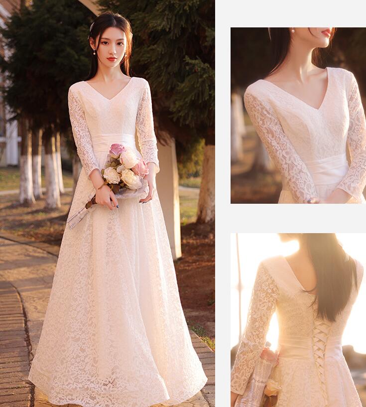 送料無料 ウエディングドレス パーティードレス カジュアル ビーチフォト 前撮り 後撮り フォトウエディング 花嫁ドレス 長袖 レース Vネック マキシスカート 森ガール系 シンプル ナチュラル 安い 撮影 海外挙式 披露宴 結婚式 演奏会 発表会