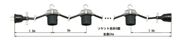 在庫状況：お取り寄せ(詳しくはこちらをクリック) ●使用電線：VKFビニールコード ●全長：24m ●ソケット数：3m間隔に8灯 ●ソケット口金：E26 ●電線容量：2.0mm2×2芯 ●工事現場、お祭り、農業用照明、学園祭、ビアガーデンなど、簡易な照明の設営にご使用いただけます ●優れた安全性と機能性 ●電源があればすぐに使用可能 ●連結も可能 ●優れた安全性と機能性があり、簡易な照明の設営に最適です
