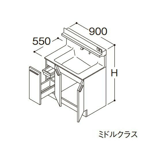 在庫状況：受注生産品(納期約1週間) ※こちらの商品はメーカー直送品となります。※こちらの商品は代引きでのお取り扱いはできません。ご入金確認後のお手配です。 ●画像は代表型番のイメージになります。型番通りの手配になりますので（色・形等）確認の上ご注文下さい。 水栓タイプ：F1 扉：ミドルクラス ドア枠回避：左側回避+体重計収納あり ●洗面ボウル一体カウンター 実容量：12L 人工大理石製（不飽和ポリエステル系樹脂）カラー：ホワイト ●止水栓 ※止水栓は付属していませんので、別売品をご購入ください。 ●排水栓 ヘアキャッチャー付き ワンプッシュ排水栓 ●排水トラップ 水抜き付ハード管 防臭栓付き 床排水用 ※壁排水の場合は、別途、壁排水管LO95をお手配ください。 ●キャビネット 底板点検口付き ※形状などの詳細はメーカーの商品図面等をご確認ください。LDSFA090AJADS1