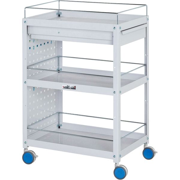 ●u.ヤマキン/山金工業【CWCPFC-3-BL】色彩ワゴン パンチングパネル・コボレ止め・キャビネット付 3段 W600mm×D400mmサイズ スカイブルー 組立式