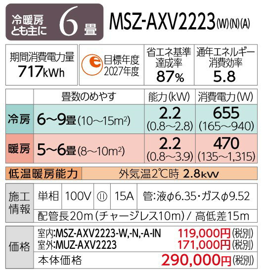 ☆商品券1000円付☆ 《在庫あり》◆15時迄出荷OK！三菱 ルームエアコン【MSZ-AXV2223 W】パールホワイト 霧ヶ峰 2023年 AXVシリーズ 単相100V 主に6畳用 (旧品番 MSZ-AXV2222 W) 2