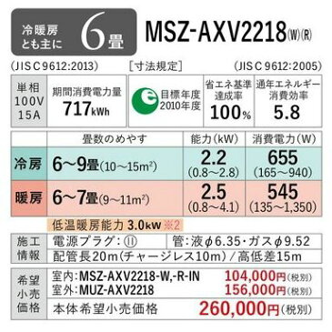 《あす楽》◆15時迄出荷OK！三菱 ルームエアコン【MSZ-AXV2218 W】2018年 ウェーブホワイト 霧ヶ峰 AXVシリーズ 単相100V 主に6畳 (旧品番 MSZ-AXV2217 W)