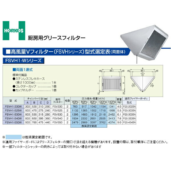 ###ホーコス 【FSVH1-550W】厨房用グリースフィルター 高風量Vフィルター FSVH1-Wシリーズ 両面1連式〔GH〕 2