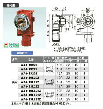 オンダ製作所【WA4-1325Z】A-4 水栓ジョイントボックス Rp1/2ねじ 壁板厚9〜15(座付用) 青銅継手 共用 適合管サイズ(樹脂管13A サヤ管25)