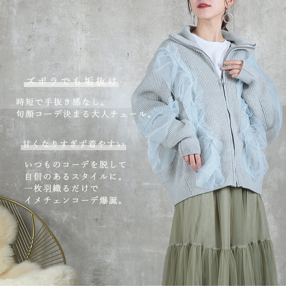 ＜9/18！半額クーポンで11990円!＞チュール使いで高見え ミドル丈 あったかニットジャケット レディース ゆったりシンプル 長袖 秋冬 防寒アウター カジュアル・きれいめ グレー 大きいサイズ ママにもおすすめ cloverdepot-10004210 レディース 服 専門店 CLOVERDEPOT サンプル画像3