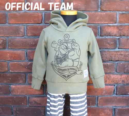 乐天商城 - 〇在庫限りSALEOFFICIAL TEAM【オフィシャルチーム】POPEYEプルオーバーパーカー【カーキ】OT-15AW-753　　90cm〜140cmニードルワーク【レディース ジュニア ペア　お揃い　キューブシュガー】