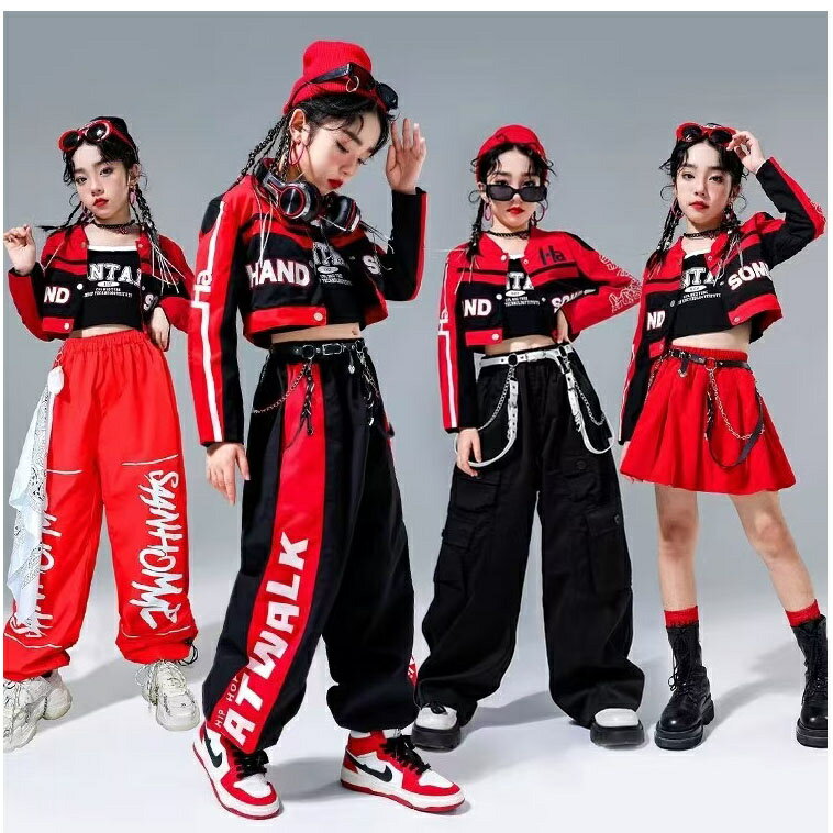 ＼20%OFFクーポン配布中!／キッズダンス ブラック 赤 黒 レーシング ダンス衣装 子供服 ヒップホップ ダンス衣装 セットアップ 半袖 ジャケット パンツ スカート 単品OR セット キッズダンス衣装 男の子 女の子 jazz チアダンス