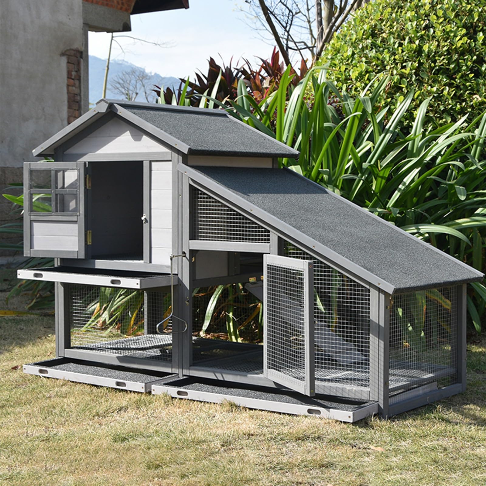 2階建ての無垢材製ウサギ用ケージ、取り外し可能なトレイ付きウサギ用ケージ、小動物、モルモット、チ..