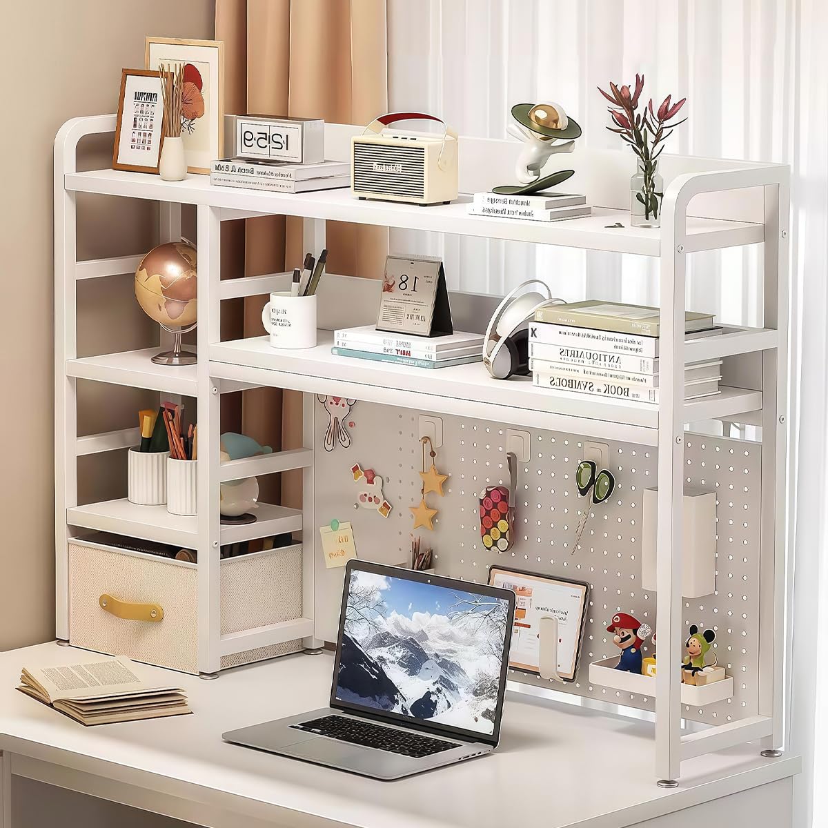 DIY収納 机上ラック デスク上置棚 卓上ラック 有孔ボード付き 25奥行きx95幅x94高さcm 卓上本棚 書類 ..