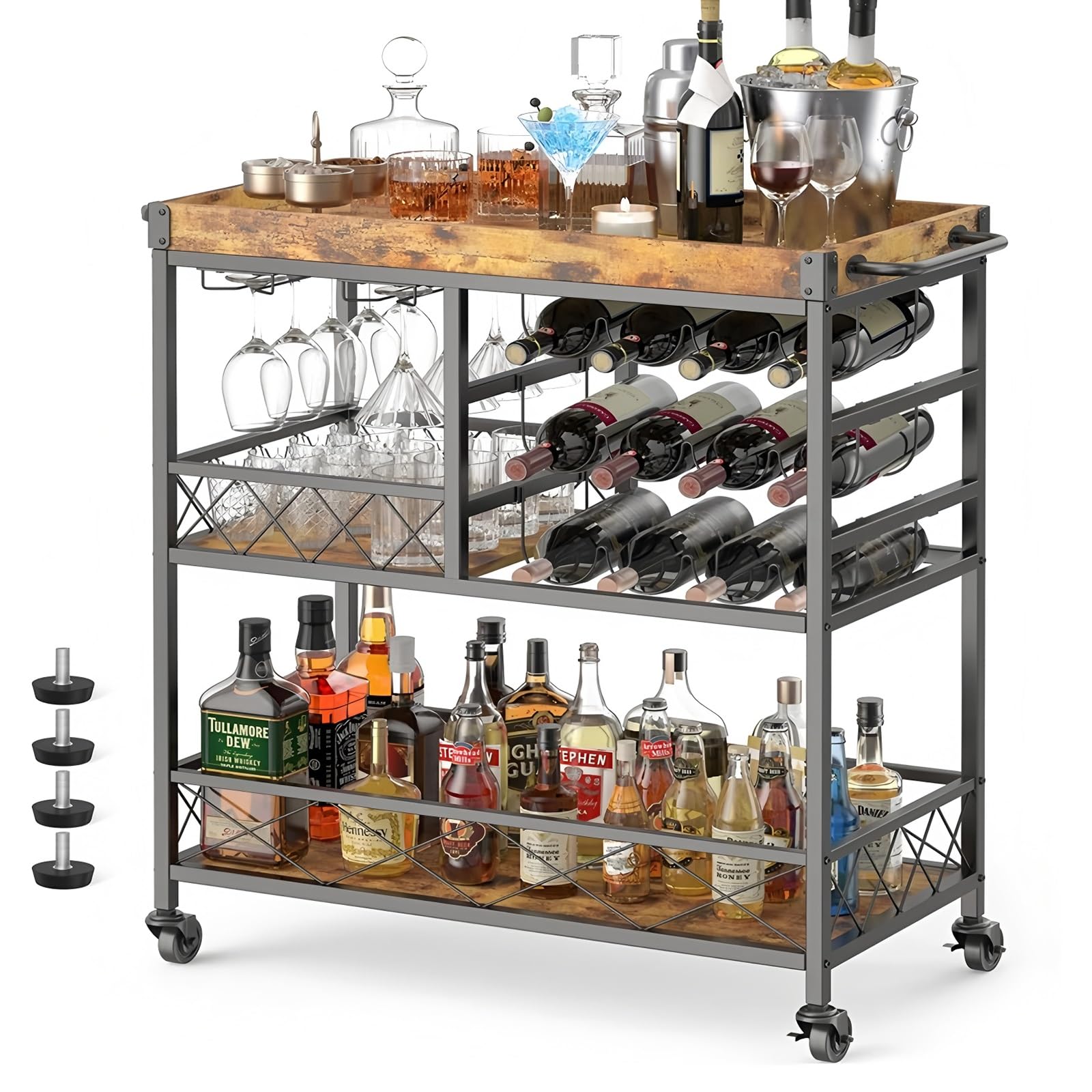 バーカート、家庭用バーカート、ワイングラスホルダー付きサービングカート、車輪付き3段ドリンクカー..