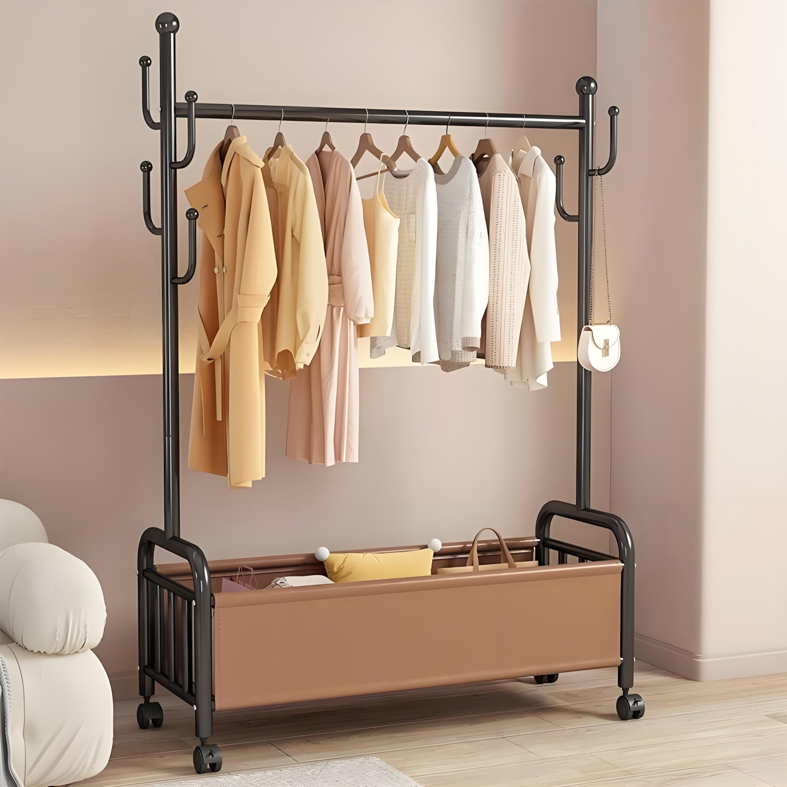 ハンガーラック 収納バスケット付き 3-in-1複合機能 おしゃれ キャスター付き 大容量 幅100cm PUレザー製収納カゴ 洋服ラック 衣類収納 頑丈 スリ...