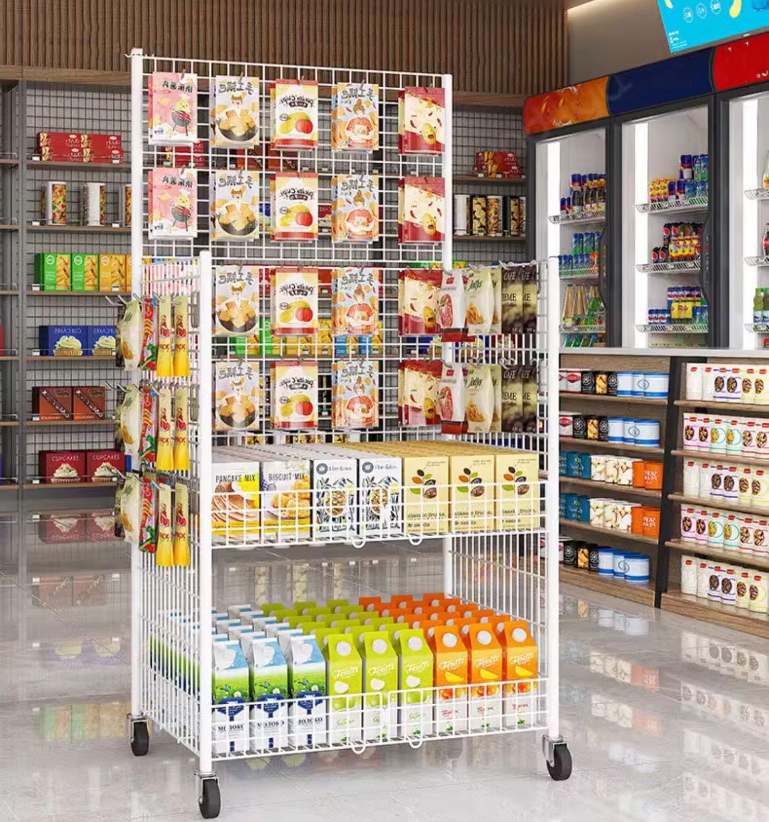 折り畳み式 ベンダーテーブルカート 屋台セット 車輪付き 屋台ディスプレイスタンド 3面金属メッシュパ..