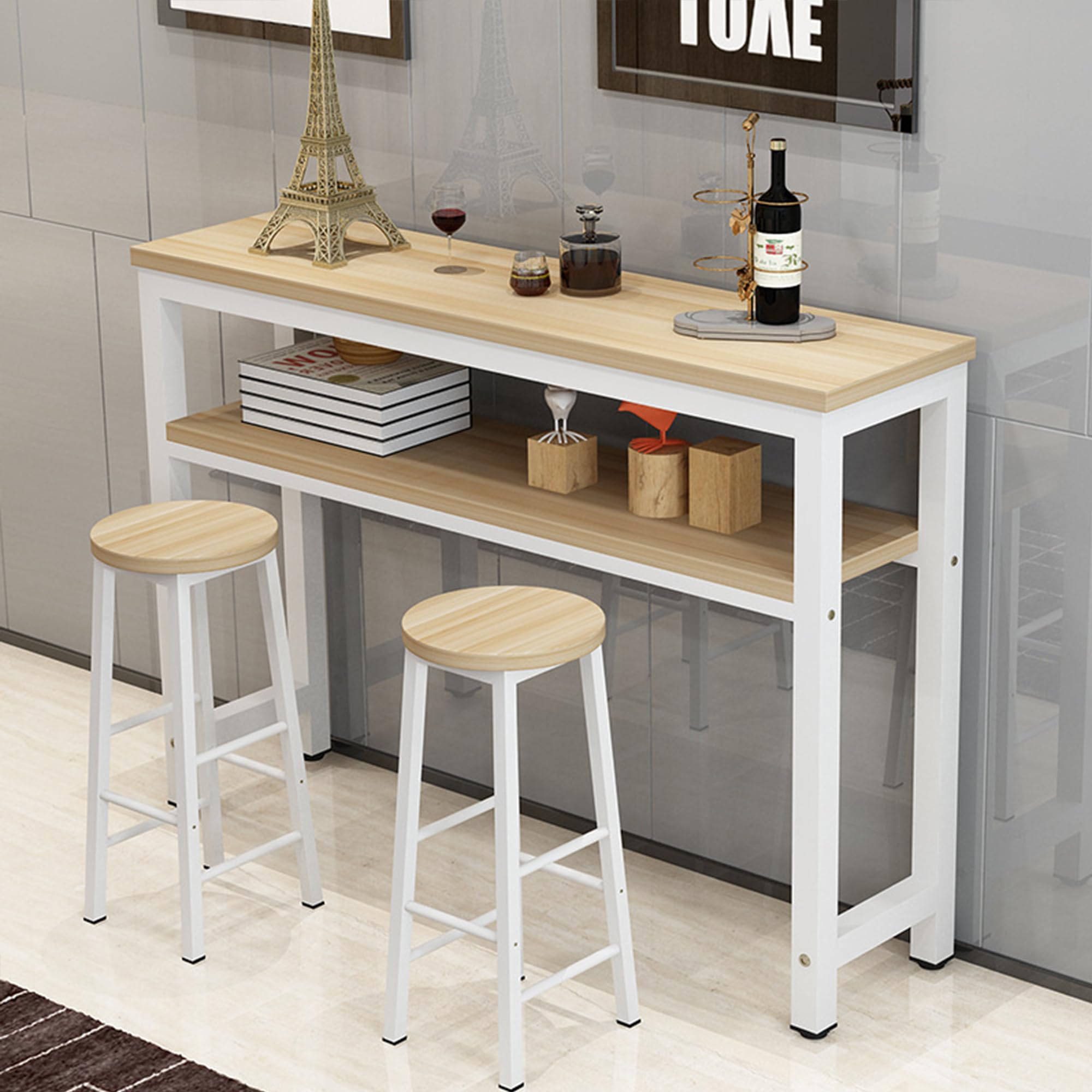 カウンターテーブル キッチンカウンター バーカウンター テーブル キッチン収納 カウンターテーブル キッチンカウンター バーカウンター テーブル キッチン収納 木製天板 スチール脚 ハイカウンター モダン ダイニングテーブル カ 160x40x100cm+2スツール D