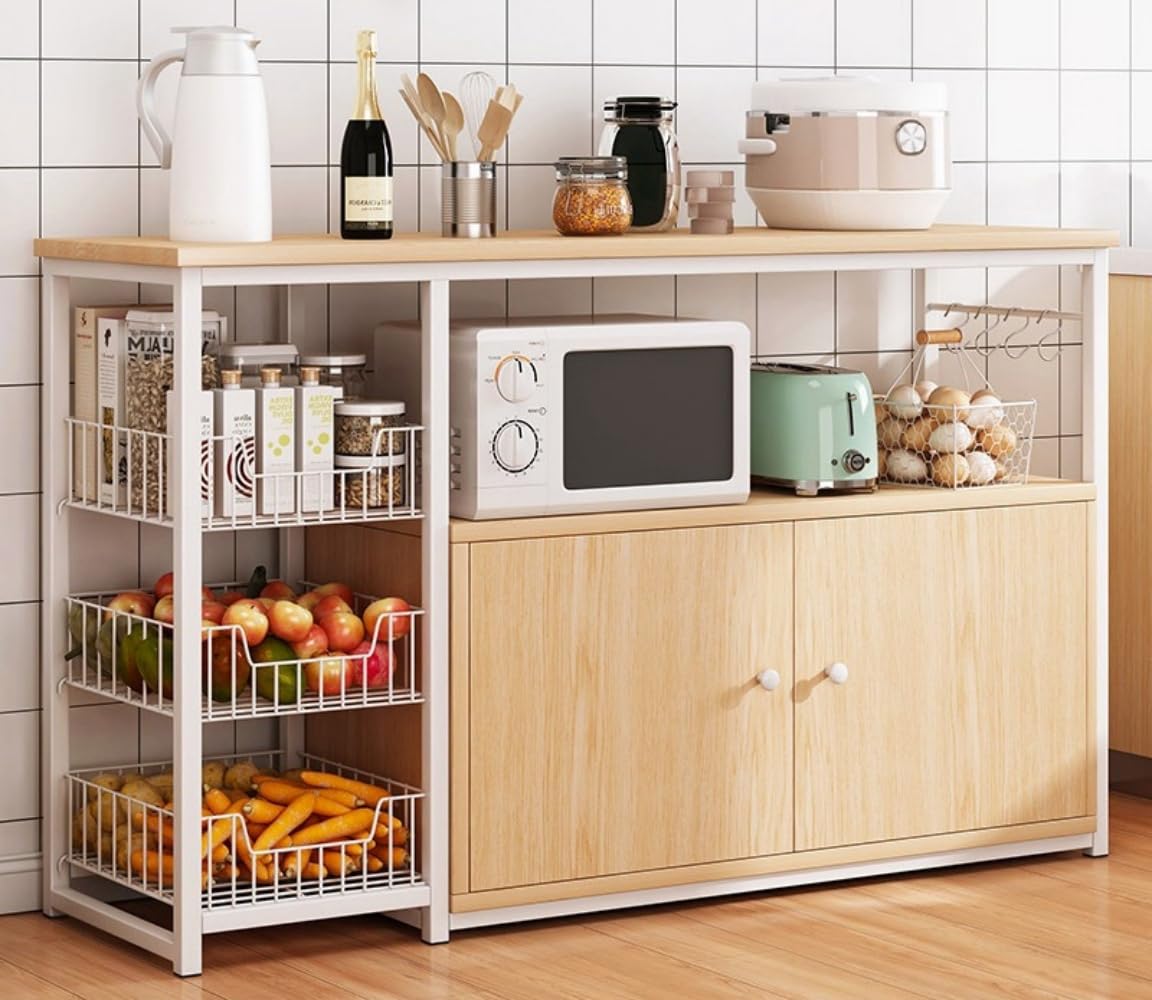 キッチン棚 レンジラック キッチンラック オープンシェルフ レンジボード 収納ラック キッチン収納棚 食器棚 キッチンキャビネット トースターラック 炊飯器ラック 収納家具 おしゃれ 台所収納 扉付き オーク 一人暮らし 狭いスペース シンプルデザイン 省スペース設計
