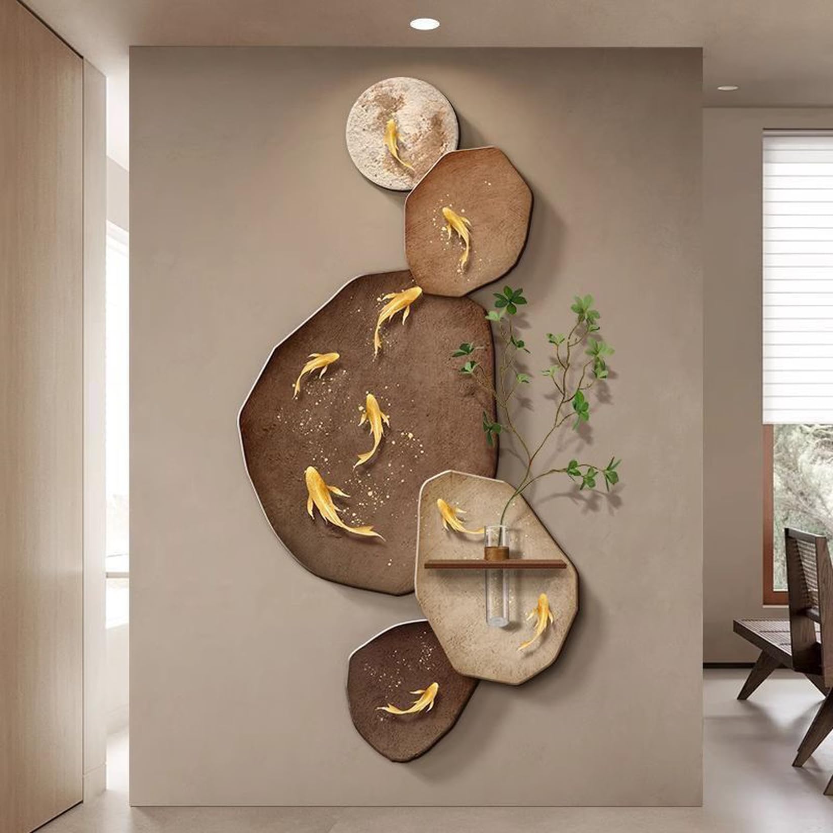 Rakuten - 魚柄 壁掛け 60*120cm アートパネル 3Dプリント 立体砂岩絵 モダン インテリア ポスター 柄1 ディスプレイ棚 リビング ダイニング キッチン 玄関 廊下 客間 新築祝い 透明花瓶付き 幸運を招く