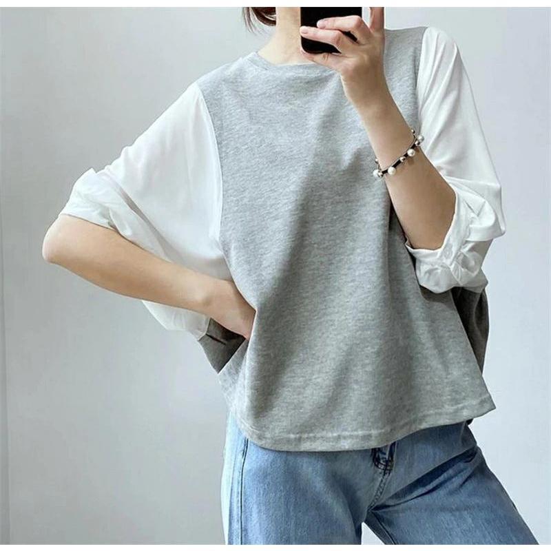 tシャツ 七分袖 レディース ブラウス 切替 ゆったり ボリューム袖 バルーン袖 ドッキング 重ね着 ドルマンスリーブ とろみ チェック柄 無地 春夏 トップス 春夏