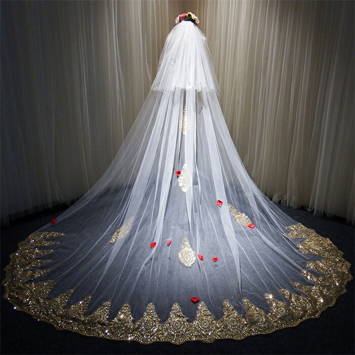 ウェディング ベール ロング ウェディングベール ロング ベールロング 結婚式 挙式 二次会 パーティー ウェディングドレス ウェディング小物 チュール ブライダル 豪華 ゴールド レース コーム付き 3m