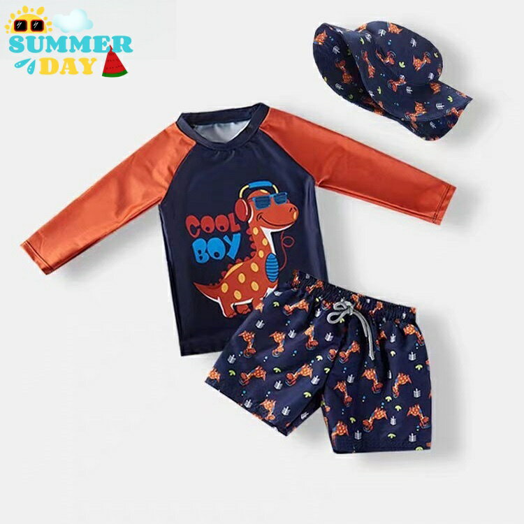Rakuten - キッズ 水着 男の子 長袖 恐竜 ベビー 水着 男の子 80 90 幼稚園 保育園 スイムキャップ 3点セット 速乾 紫外線対策 水陸両用 セパレート 小学生 水泳帽 帽子付き プチハイネック スクール水着 UVカット 100 110 120 130 140