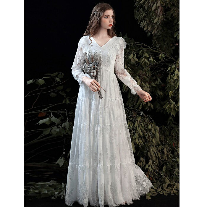 ウエディングドレス マタニティ 長袖 袖あり 二次会 大きいサイズ サイズオーダー ウェディグドレス Aラインドレス 海外挙式 前撮り 後撮り 花嫁二次会 結婚式 ブライダル 披露宴 パーティードレス ロングドレス エンパイア