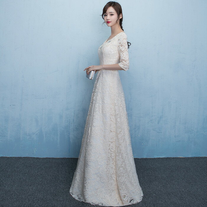 ウエディングドレス 袖あり 7分袖 二次会 ウェディグドレス Aラインドレス 海外挙式 前撮り 後撮り 花嫁二次会 大きいサイズ 結婚式 ブライダル 披露宴 パーティードレス ロングドレス エンパイア 6色