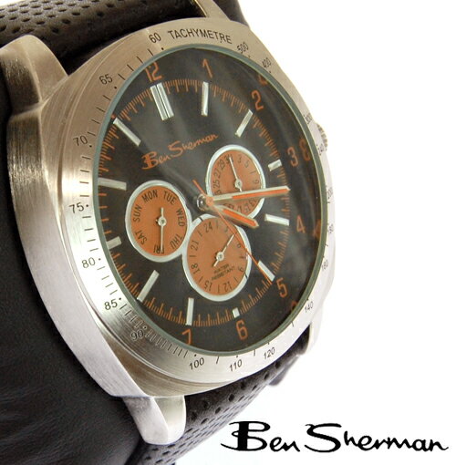 ベンシャーマン Ben Sherman ブラック フェイス オレンジ クロノグラフ 腕時計 メンズ モッズ ファッション Black Face Orange Chronograph 本革 レザー ベルト Leather 腕 時計 アナログ ウォッチ タキメーター UK モッズ r849 ギフト トラッド