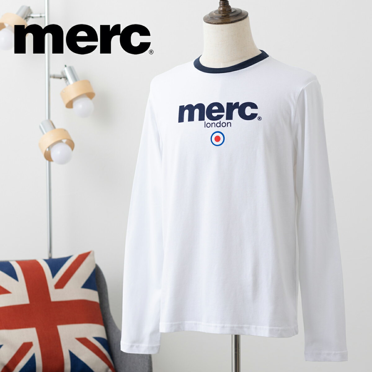 メルクロンドン メンズ ロゴプリント 長袖Tシャツ 新作 20ホワイト フロッキープリント Merc London モッズファッション ギフト トラッド