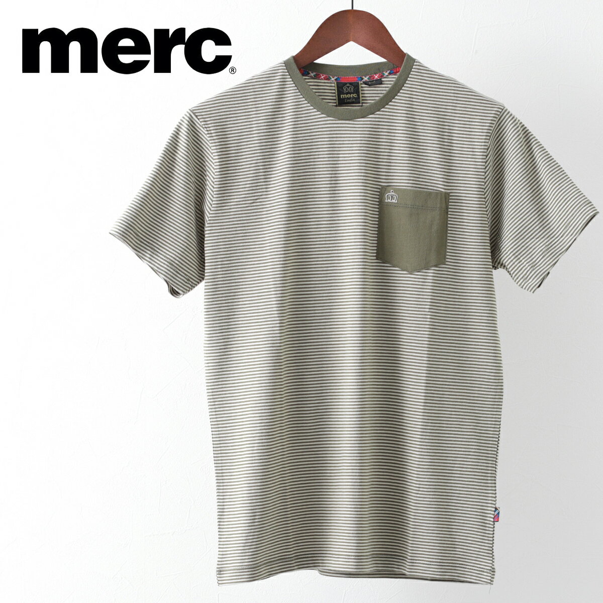 メルクロンドン メンズ Tシャツ Merc London ストライプ ボーダー ポケット付 W1 プレミアム ダークセージ モッズファッション ギフト トラッド