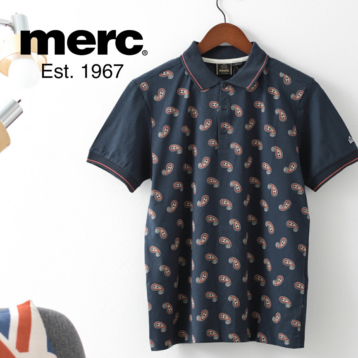 メルクロンドン 半袖ポロシャツ Merc London ペイズリー ティップライン ネイビー コットン トップス 半袖 レトロ モッズ ファッション プレゼント ギフト メンズ