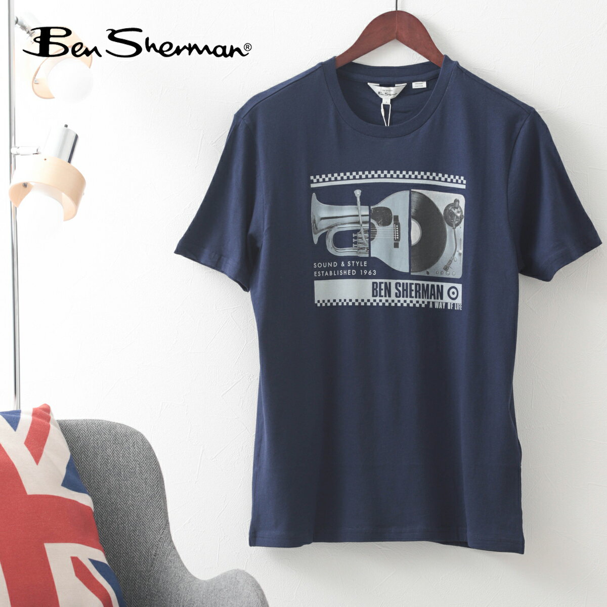 楽天CLOZEST モッズメンズレディースBen Sherman ベンシャーマン メンズ Tシャツ スプライスドミュージックプリント ネイビー 音楽 楽器 オーガニックコットン 半袖 レギュラーフィット クルーネック ギフト トラッド