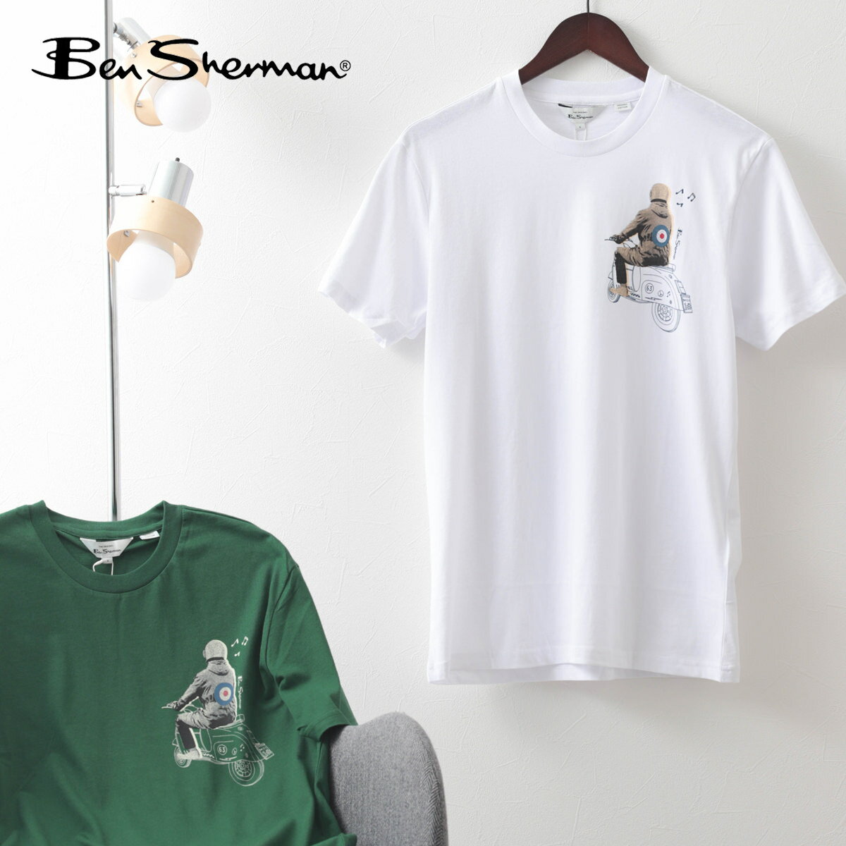 Ben Sherman ベンシャーマン メンズ Tシャツ ドゥードゥルプリント 2色 グリーン ホワイト オーガニックコットン ターゲットマーク 半袖 レギュラーフィット クルーネック ギフト トラッド