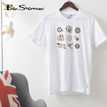 Ben Sherman ベンシャーマン メンズ Tシャツ ステッカーパックプリント 2021 新作 半袖 ホワイト オーガニックコットン レギュラーフィット イギリス ギフト トラッド