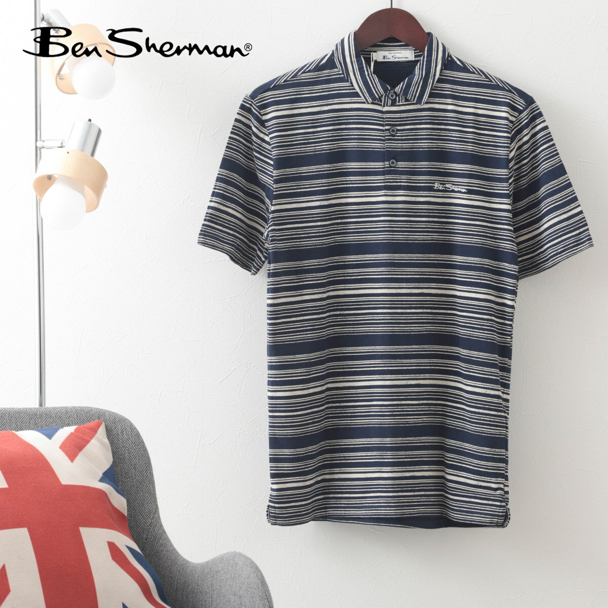 Ben Sherman メンズ ポロシャツ 半袖ポロ ディスチャージプリント ストライプ ベンシャーマン マリン コットン レトロ レギュラー フィット ギフト モッズ トラッド