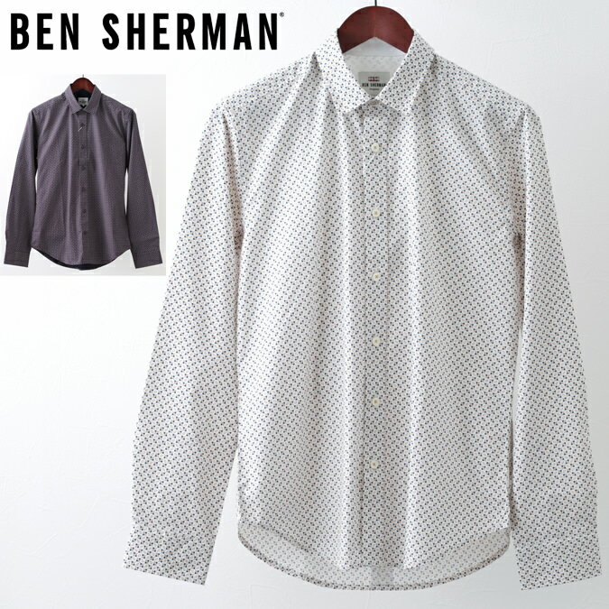 ベンシャーマン メンズ 長袖シャツ Ben Sherman ジオプリント 2色 ホワイト ダークブルー レギュラーフィット 幾何学模様 ギフト トラッド