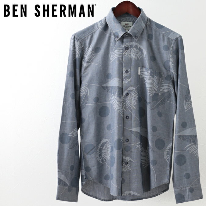 ベンシャーマン メンズ 長袖シャツ Ben Sherman トロピカル スポット ダークネイビー レギュラーフィット ヤシの木 パーム ギフト トラッド