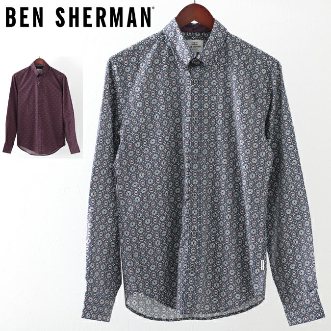 ベンシャーマン メンズ 長袖シャツ ジオメトリック フーラード Ben Sherman 2色 ワイン ネイビー レギュラーフィット ギフト トラッド