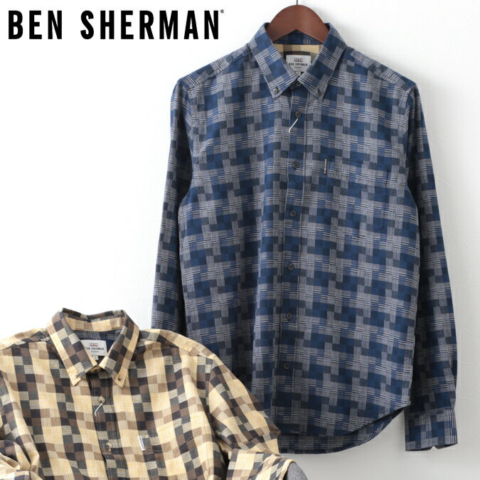 ベンシャーマン メンズ 長袖シャツ チェック テクスチャード Ben Sherman 20s 2色 タン ネイビー レギュラーフィット ギフト トラッド