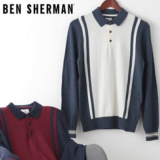 ベンシャーマン メンズ ニット Ben Sherman ロングスリーブ ストライプ ポロ 20s 2色 ダークネイビー ダークブルー ギフト トラッド