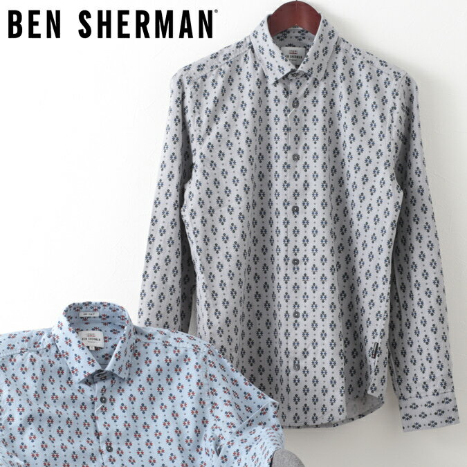 ベンシャーマン メンズ 長袖シャツ ジオメトリック スキャッタード フェアアイル Ben Sherman 20s 2色 ダークブルー スモーク スリムフィット