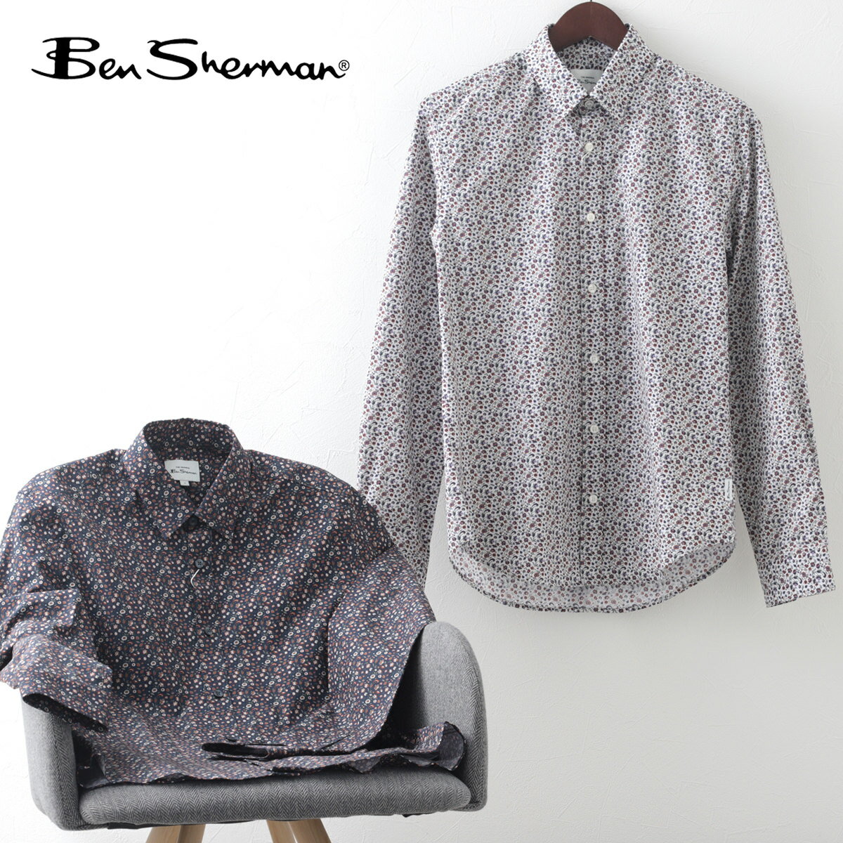 ベンシャーマン メンズ 長袖シャツ マルチカラー フローラル シャツ Ben Sherman 2色 ダークネイビー アイボリー ギフト トラッド