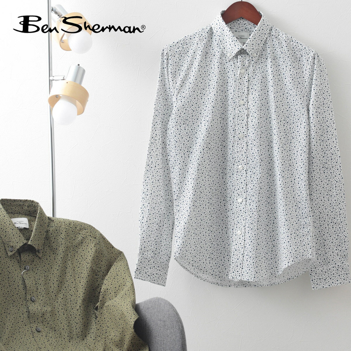 Ben Sherman ベンシャーマン メンズ 長袖シャツ プリントシャツ Ben Sherman 2色 ドット柄 アイボリー オリーブ レギュラーフィット ボタンダウン メンズ トラッド