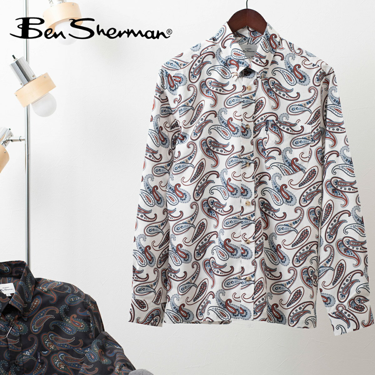 ベンシャーマン メンズ 長袖シャツ ラージペイズリープリント Ben Sherman アイボリー ミッドナイト レギュラーフィット コットン ボタンダウン 男性 ギフト トラッド