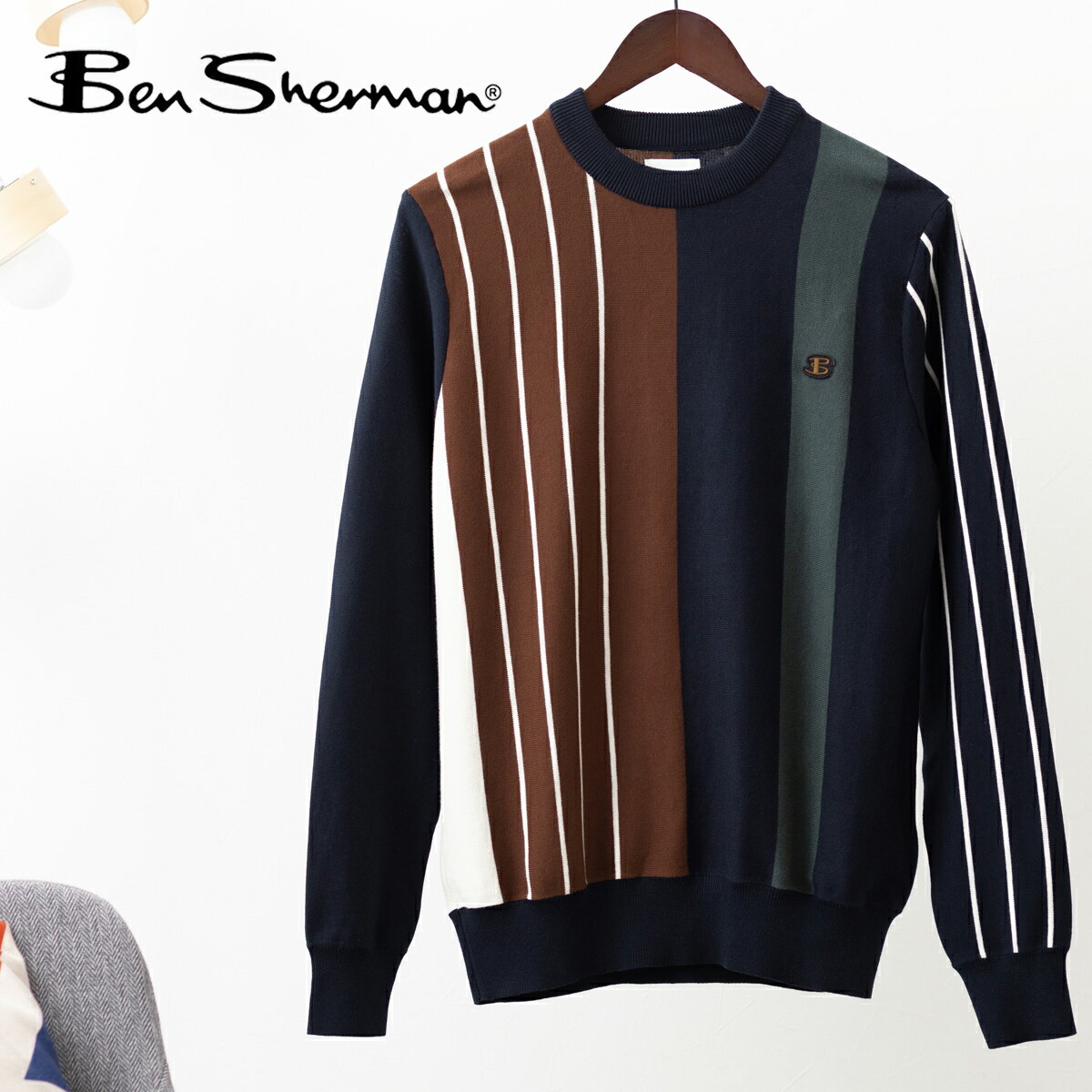 ベンシャーマン Ben Sherman クルーネックセーター バーティカルストライプ ダークネイビー レギュラーフィット メンズ 男性 プレゼント ギフト