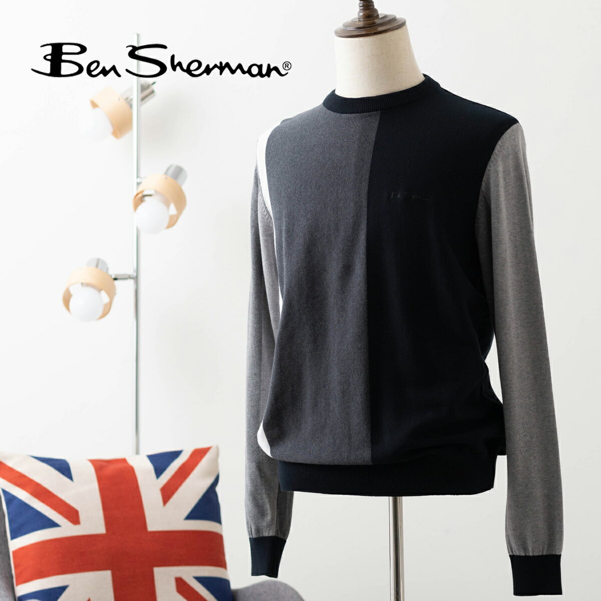 ベンシャーマン Ben Sherman バーティカルストライプクルーネックニット セーター ブラック コットン レギュラーフィット メンズ 男性 プレゼント ギ...