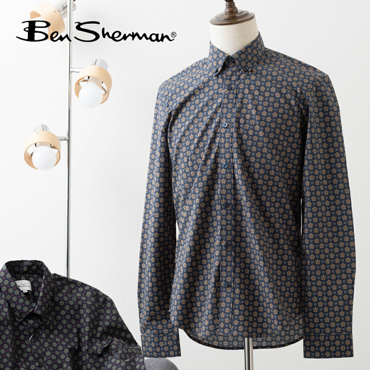 ベンシャーマン メンズ 長袖シャツ フーラードプリント フラワー Ben Sherman ブラック サンフラワー スリムフィット コットン ボタンダウン 男性 ギフト トラッド